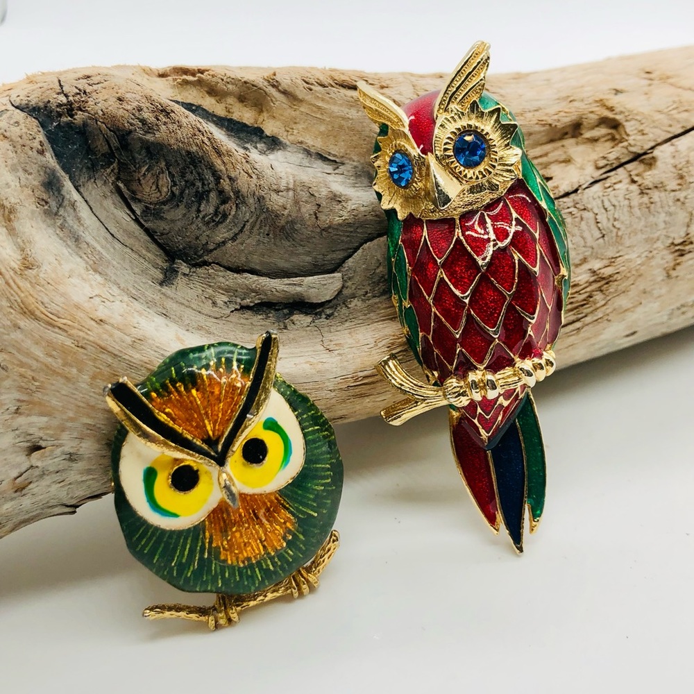Vintage Enamel Rhinestone Owl Brooch lot